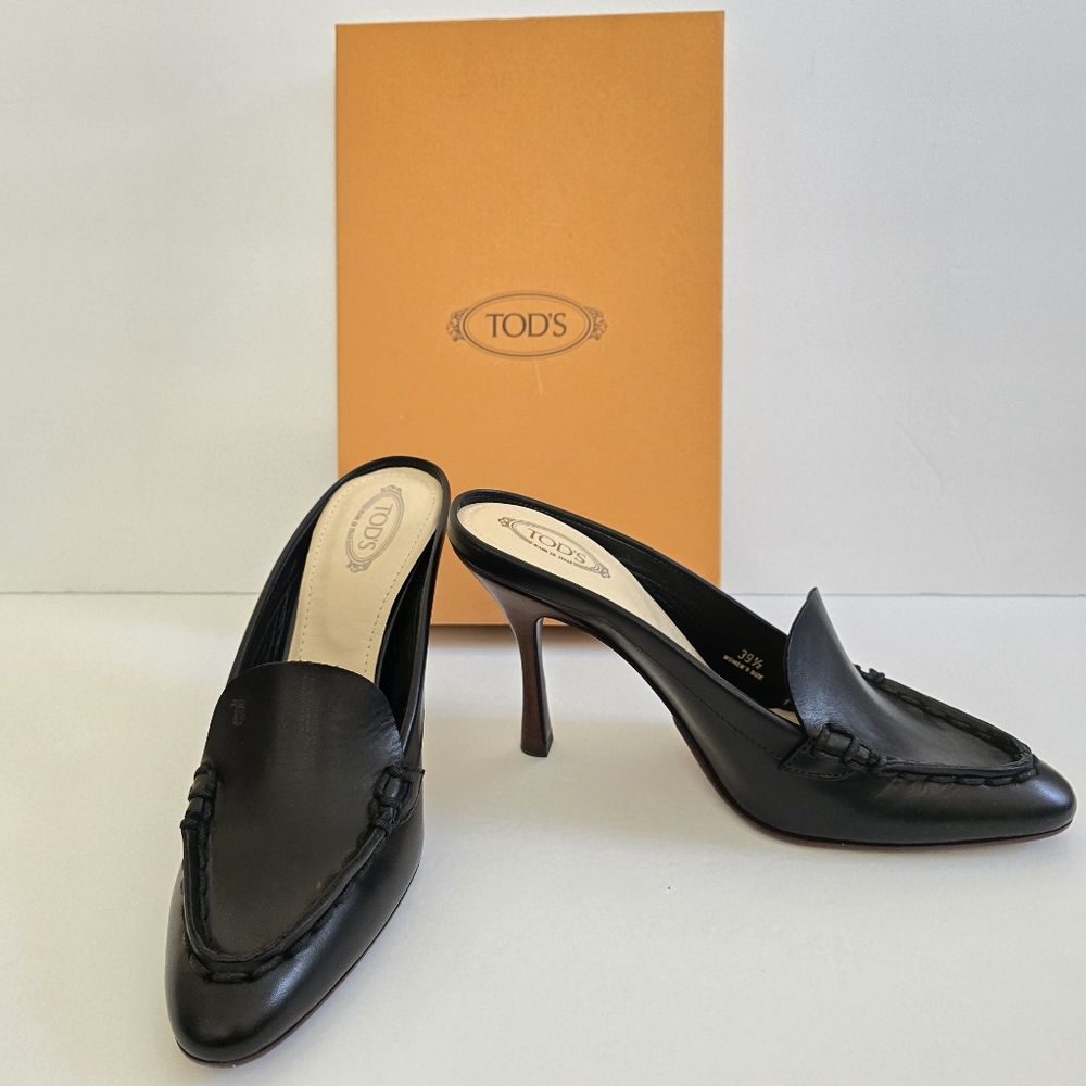 Tod's Leather Mocassin Pointed Toe High Heel Mules Size 39.5 Black - Picture 2 of 10